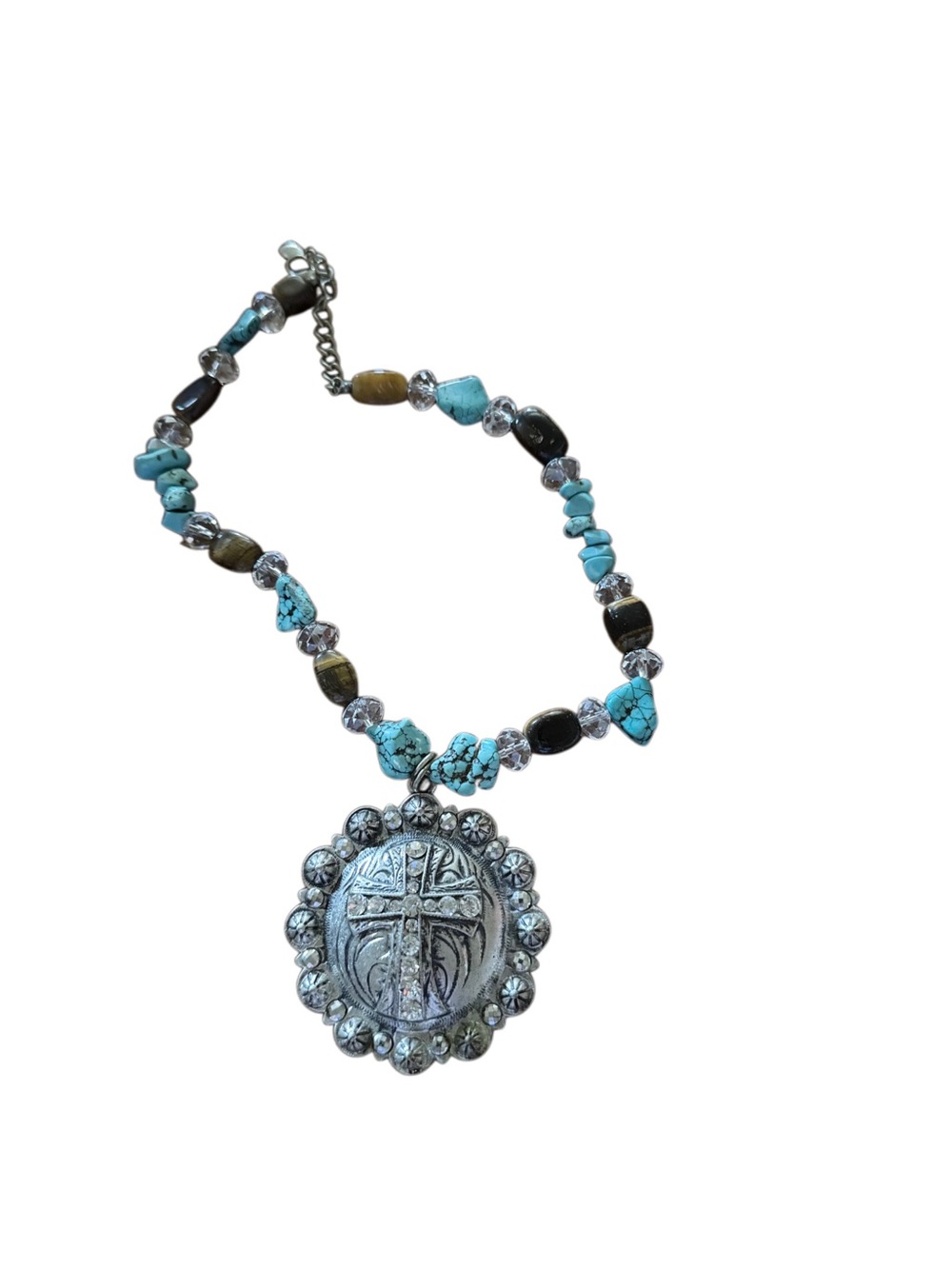 Turquoise Necklace with Silver Cross Medallion